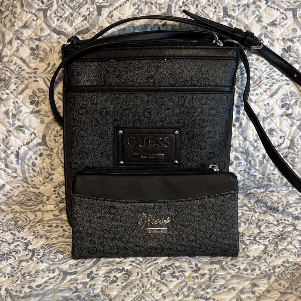 GUESS dark Gray w/Black  Crossbody Bag with matching Wallet